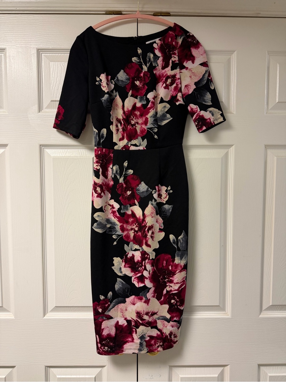 White House Black Market Black Midi Dress with Burgundy and Cream Floral Print